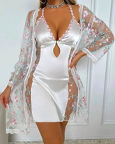 Floral Embroidery V-Neck Halter Backless Slim Fit Nightgown Sheer Mesh Cutout Sexy Babydolls