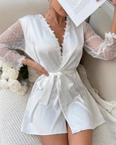 Contrast Lace V-Neck Polka Dot Mesh Sleeve Nightgown with Sexy Tied Detail Babydoll Robe