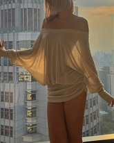 Off Shoulder Sheer Ruched Long Sleeve Dress