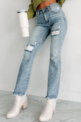 Shesways®Figuring You Out High Rise Distressed Risen Flare Jeans (Light)