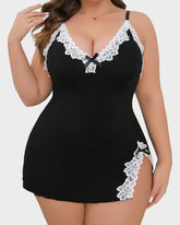 Plus Size V-Neck Lace Trim Nightgown with Side Slits