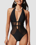 Shesways® Mesh Deep V Halter One Piece Swimsuit