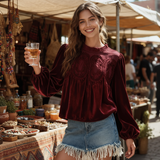 Women's Velvet Trim Lace Blouse – Elegant Flared Long Sleeve Top