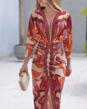 Shesways® Tropical Siren V-Neck Ruched Waist Slit Dress