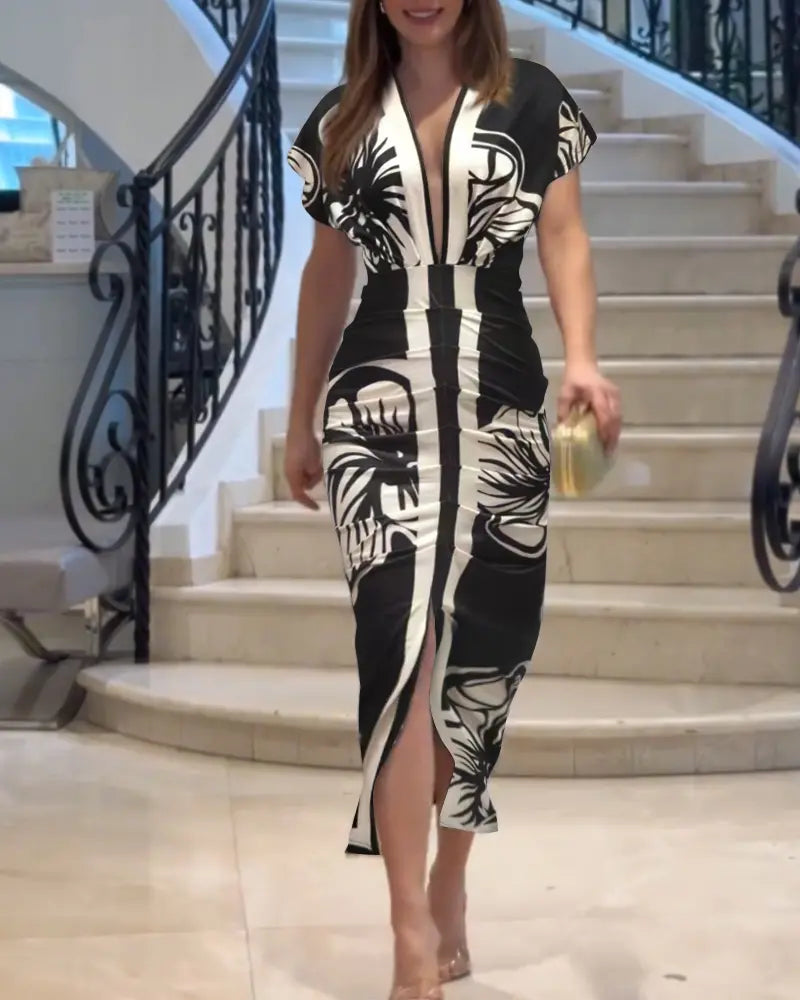 Shesways® Tropical Siren V-Neck Ruched Waist Slit Dress
