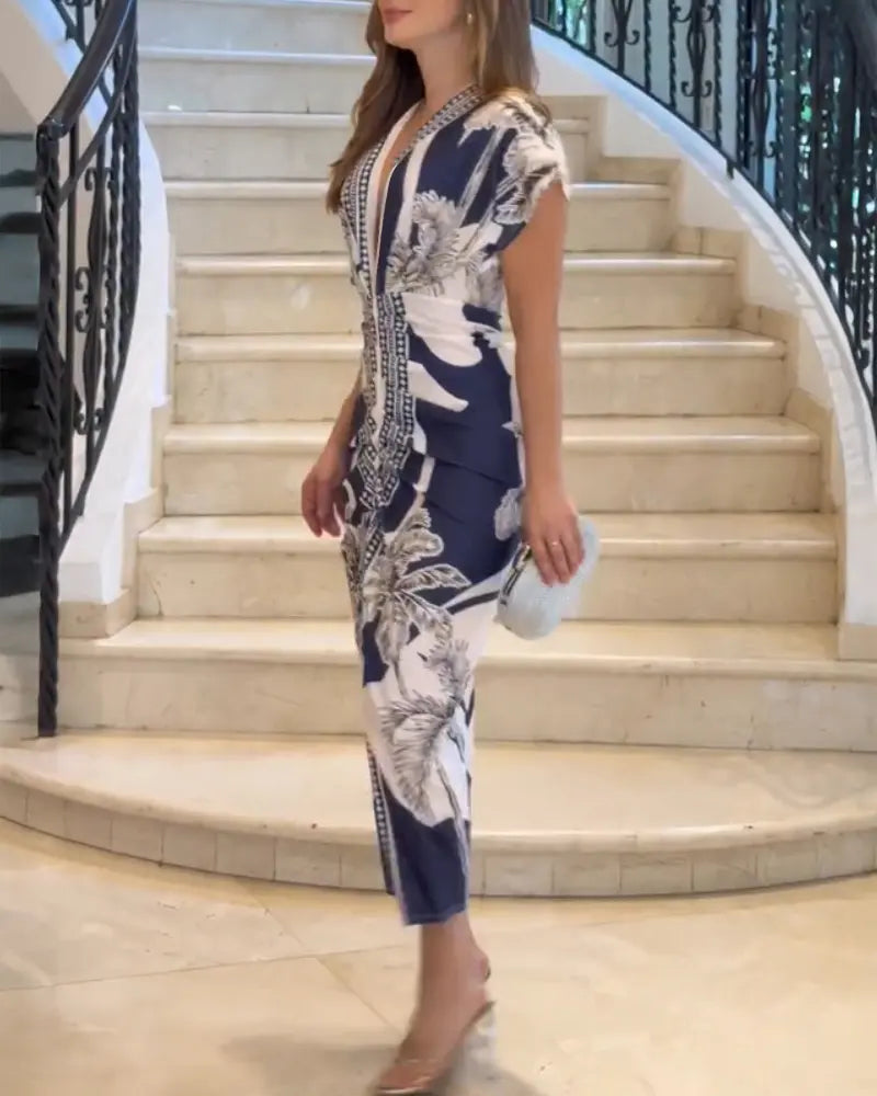 Shesways® Tropical Siren V-Neck Ruched Waist Slit Dress