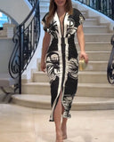 Shesways® Tropical Siren V-Neck Ruched Waist Slit Dress