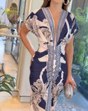 Shesways® Tropical Siren V-Neck Ruched Waist Slit Dress