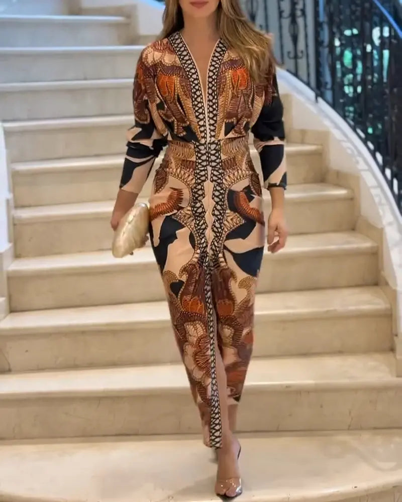 Shesways® Tropical Siren V-Neck Ruched Waist Slit Dress