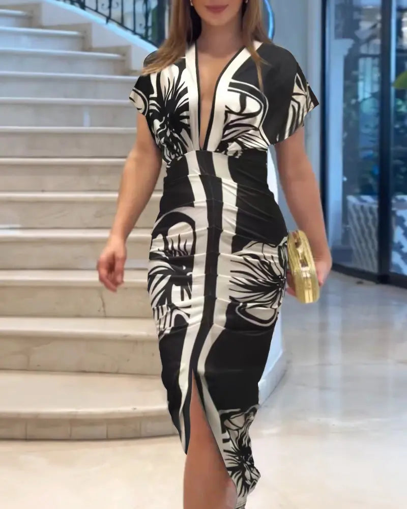 Shesways® Tropical Siren V-Neck Ruched Waist Slit Dress