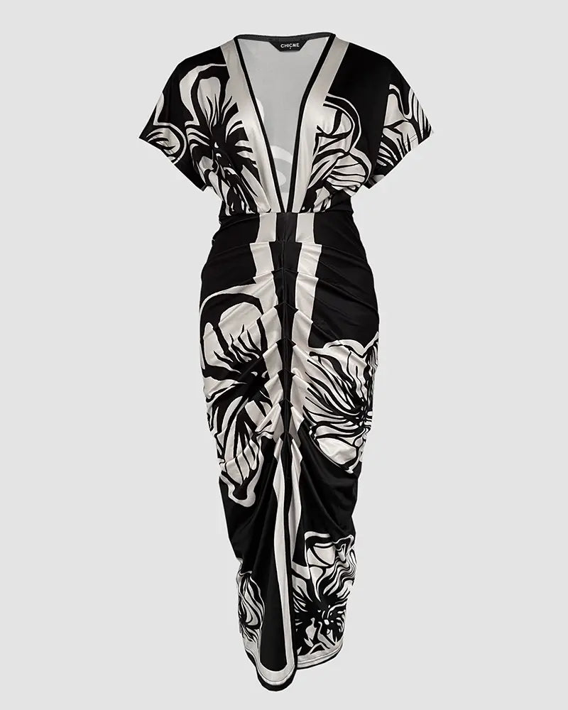 Shesways® Tropical Siren V-Neck Ruched Waist Slit Dress