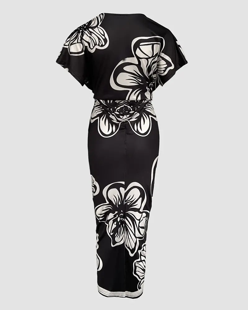 Shesways® Tropical Siren V-Neck Ruched Waist Slit Dress