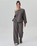 Women's Sloping Shoulder Long Sleeve Top & Wide Leg Pants Set