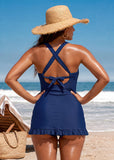 Deep V Cross-Back Ruched Two-Piece Swimsuit with Bikini Bottoms