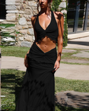 Shesways® Plunge Neck Halter Top & Ruched Skirt Set – Summer Two-Piece Outfit for Women