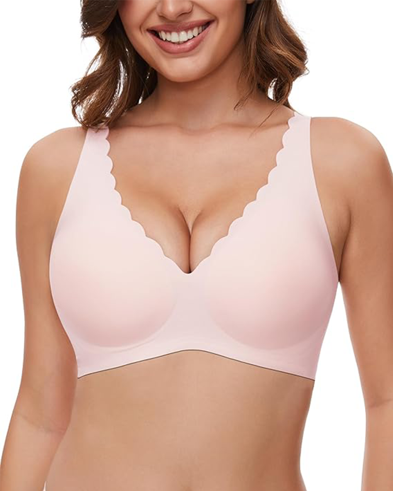 Shesways® Seamless Deep V Wireless Push-Up Bra – Scalloped, Soft Support, Back Smoothing Bralette