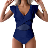 Shesways® Criss-Cross Ruffled Sleeve Mesh Tummy Control One-Piece Swimsuit