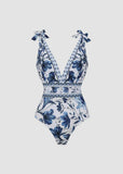 V Neck Lace Up Printed One Piece Swimsuit and Skirt
