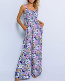Women's Floral Smocked Wide-Leg Jumpsuit – Sleeveless Summer Romper with Pockets