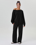 Women's Sloping Shoulder Long Sleeve Top & Wide Leg Pants Set