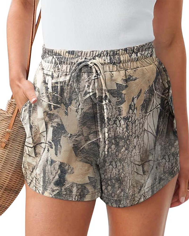 Shesways® Women’s Camo Sweat Shorts – High Waist Drawstring Lounge Shorts with Pockets