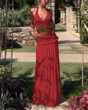 Shesways® Plunge Neck Halter Top & Ruched Skirt Set – Summer Two-Piece Outfit for Women