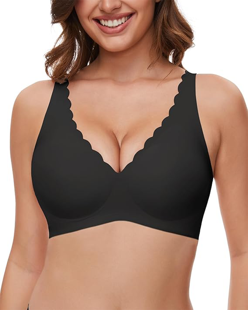 Shesways® Seamless Deep V Wireless Push-Up Bra – Scalloped, Soft Support, Back Smoothing Bralette