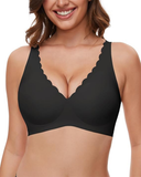 Shesways® Seamless Deep V Wireless Push-Up Bra – Scalloped, Soft Support, Back Smoothing Bralette