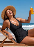 Deep V Cross-Back Ruched Two-Piece Swimsuit with Bikini Bottoms