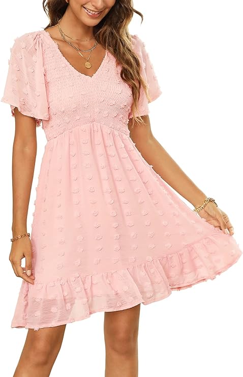 Shesways® Elegant Ruffle Smocked Mini Dress – V Neck