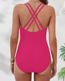 Shesways® V-Neck Tummy Control One-Piece Swimsuit – Crisscross Back & Elegant Waist Detail