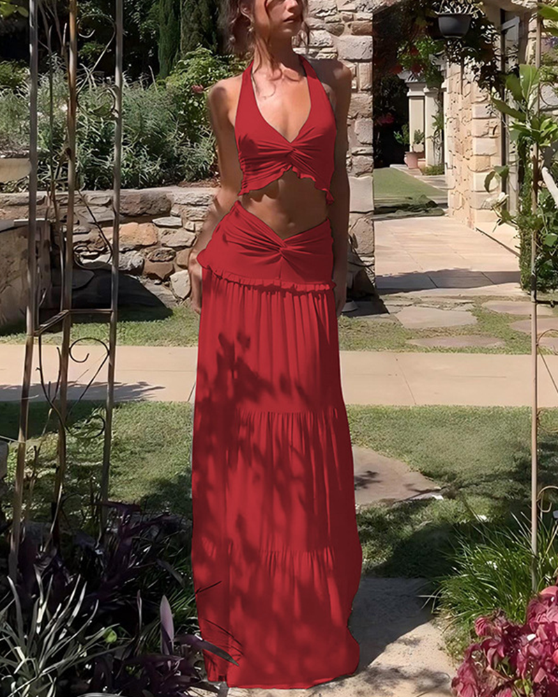 Shesways® Plunge Neck Halter Top & Ruched Skirt Set – Summer Two-Piece Outfit for Women
