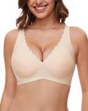 Shesways® Seamless Deep V Wireless Push-Up Bra – Scalloped, Soft Support, Back Smoothing Bralette