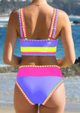 Color Contrast Patchwork Nylon Sporty 3 Piece Bikini Sets