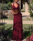 Shesways® Plunge Neck Halter Top & Ruched Skirt Set – Summer Two-Piece Outfit for Women