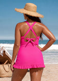 Deep V Cross-Back Ruched Two-Piece Swimsuit with Bikini Bottoms
