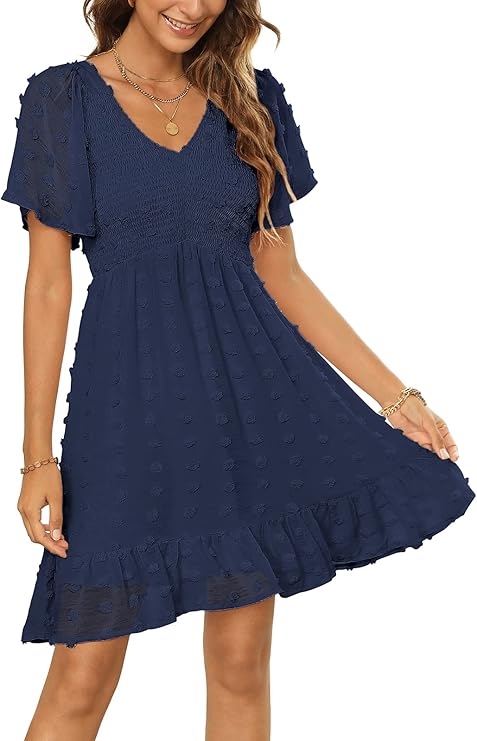 Shesways® Elegant Ruffle Smocked Mini Dress – V Neck