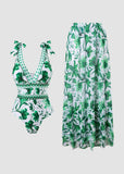 V Neck Lace Up Printed One Piece Swimsuit and Skirt