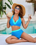 Shesways® Stylish High Waist Ruched Color Block Bikini Set