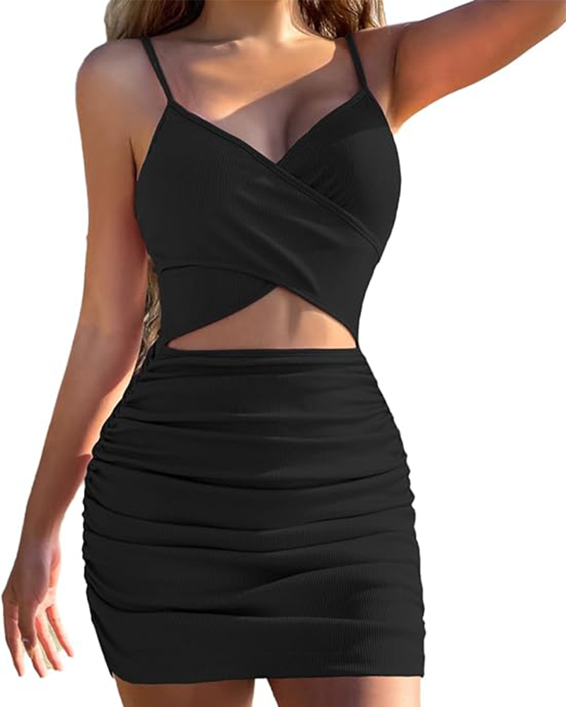 Shesways® Cut-Out Ruched Bodycon Mini Dress – Sexy Sleeveless Clubwear
