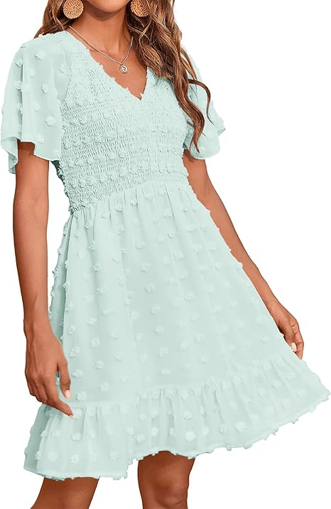 Shesways® Elegant Ruffle Smocked Mini Dress – V Neck