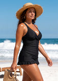 Deep V Cross-Back Ruched Two-Piece Swimsuit with Bikini Bottoms