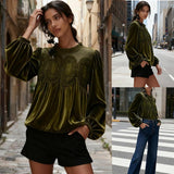 Women's Velvet Trim Lace Blouse – Elegant Flared Long Sleeve Top