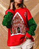 Women's Santa Claus Sequin Sleeve Sweatshirt – Festive Long Sleeve Crew Neck Top