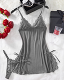 Bow Lace Contrast Cami Nightdress & Thong Set
