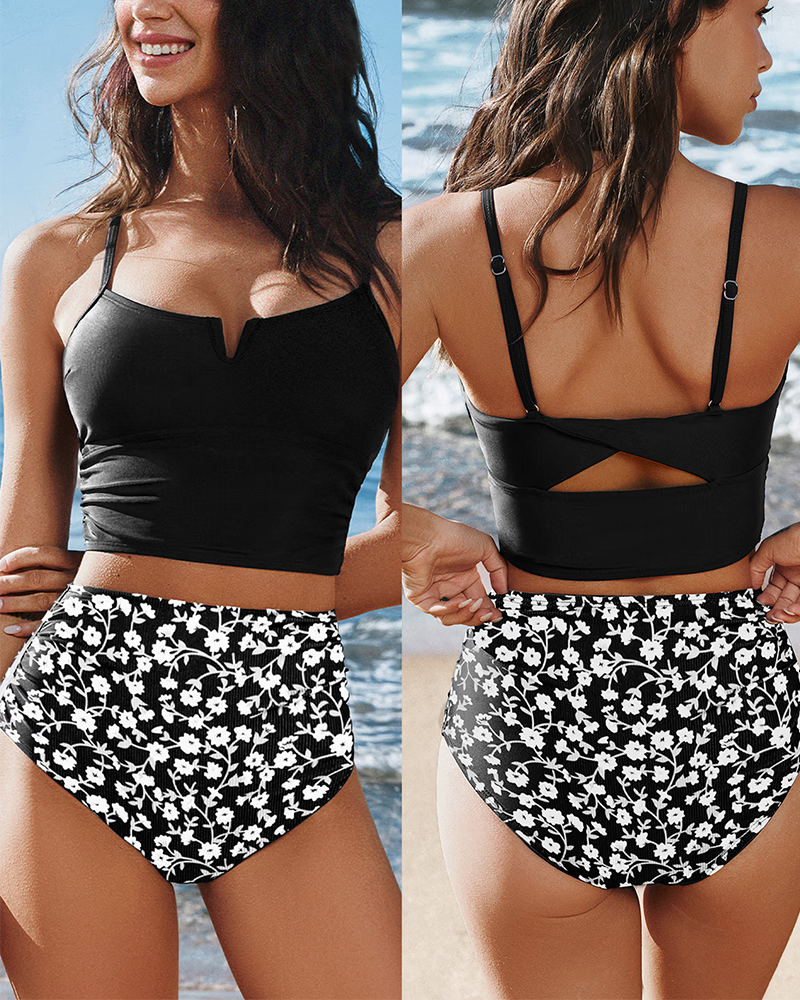 Black V-Wire Tankini Top & Floral High-Rise Bottoms Set