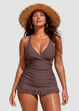 Deep V Cross-Back Ruched Two-Piece Swimsuit with Bikini Bottoms