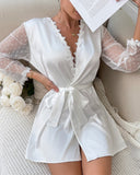 Shesways® Contrast Lace V-Neck Polka Dot Mesh Sleeve Nightgown with Sexy Tied Detail Babydoll Robe