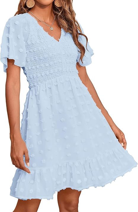 Shesways® Elegant Ruffle Smocked Mini Dress – V Neck