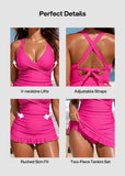 Deep V Cross-Back Ruched Two-Piece Swimsuit with Bikini Bottoms